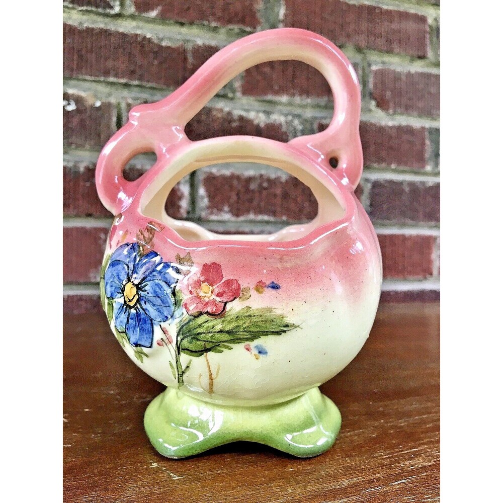 Vintage 1940s Weller Pottery Cameo Pansy Basket Planter Pink Flower USA  6.5"